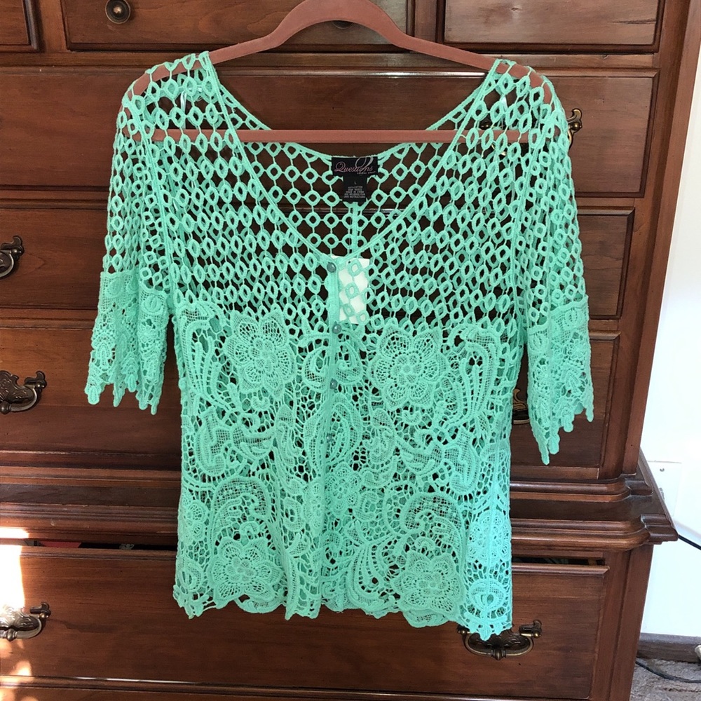 Mint green open lace work top L QUESTIONS